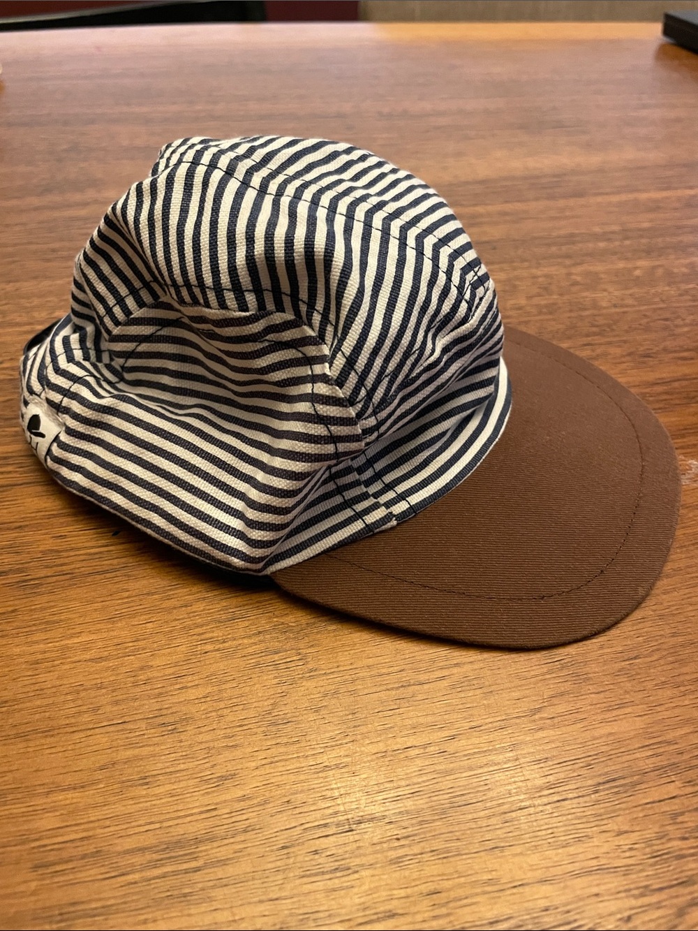 Striped Navy and White Kids Cap with Brown Brim